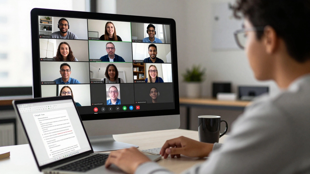 A student participating in a live online class with video peers and digital tools.