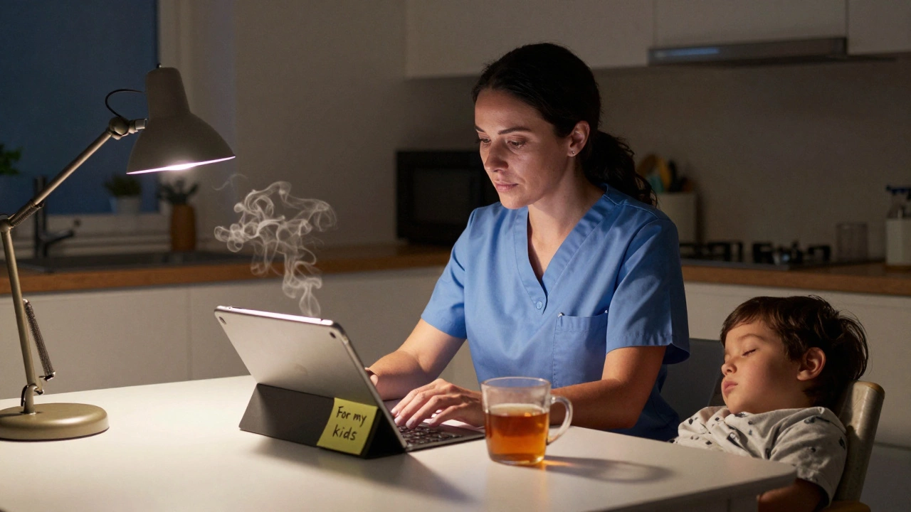 A working mother studies for her nursing certification at home late at night, surrounded by quiet signs of family life.