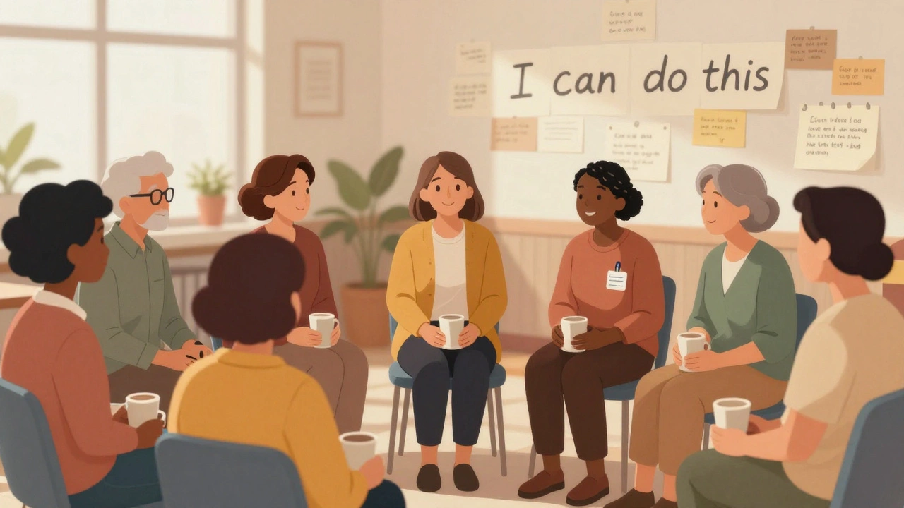 Adults in a supportive group setting sharing stories and celebrating small wins together.