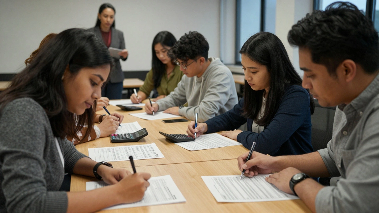 Adults working together on real tax forms in a community center with respectful instructor oversight.