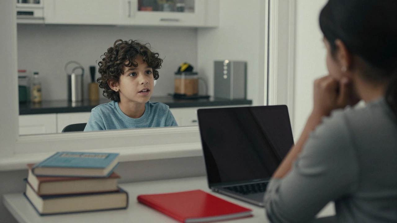 An adult at a table, their reflection showing a younger self confidently speaking a foreign language.
