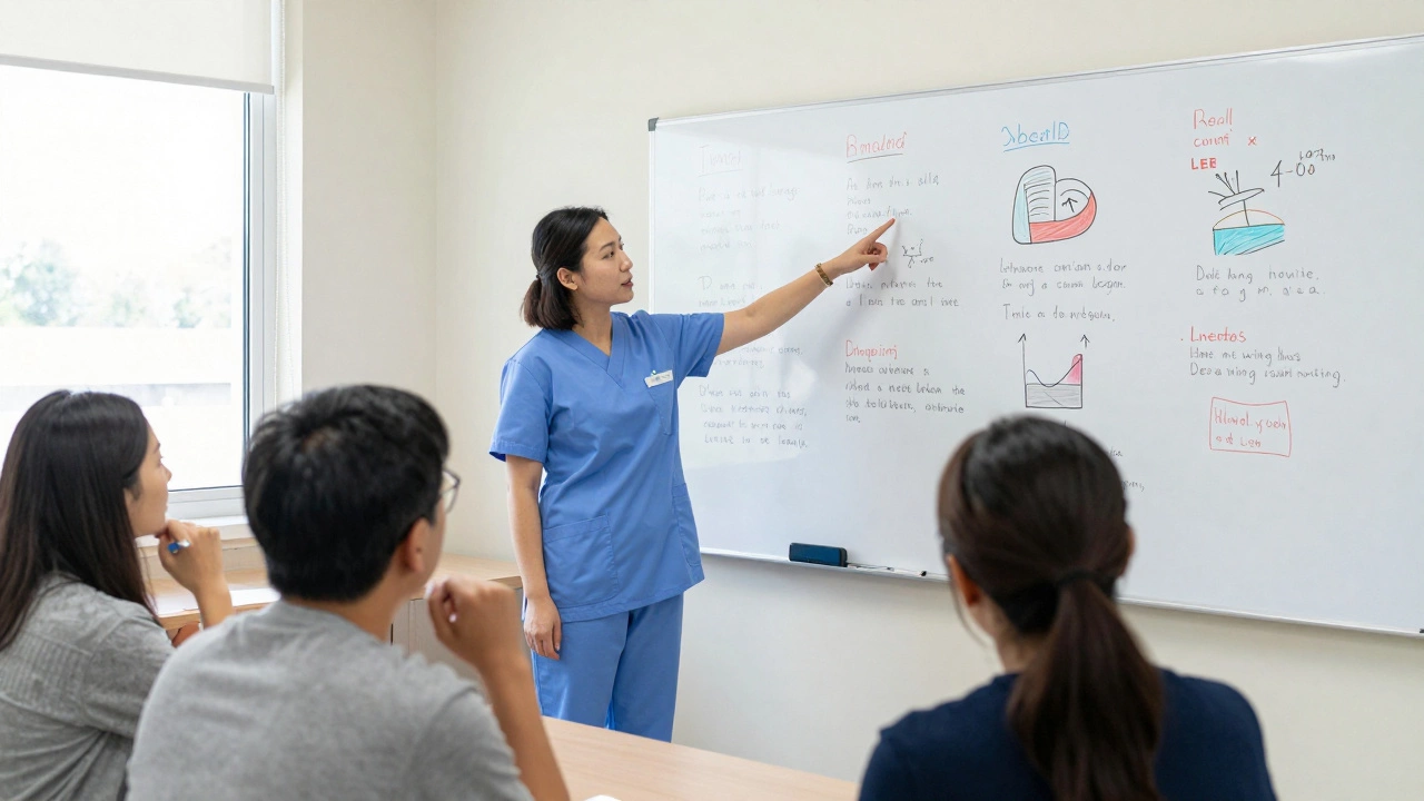 An adult learner and nurse discussing real-life medical scenarios on a whiteboard.
