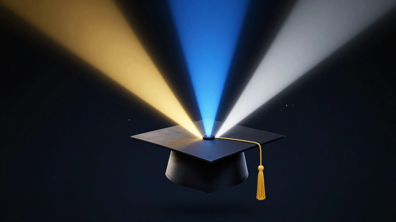 Colored light beams meeting over a graduation cap icon