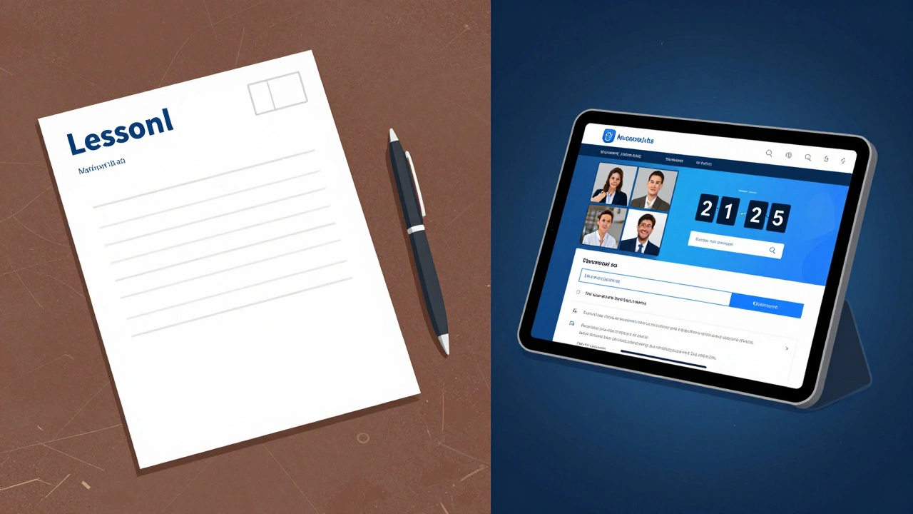 Contrast between traditional mailed coursework and modern interactive online learning.