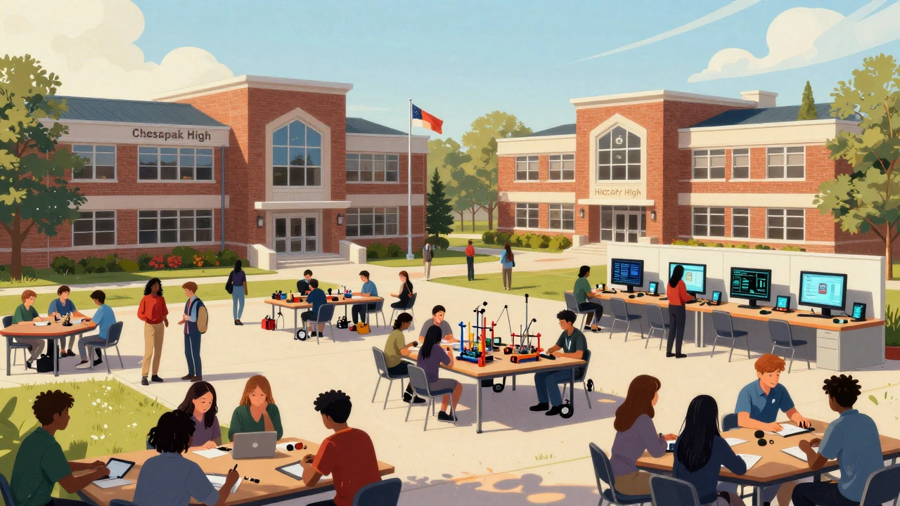 Diverse students engaged in robotics, automotive tech, and academics at a Chesapeake high school campus.