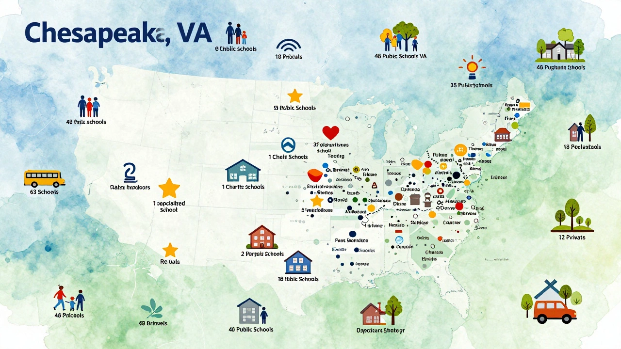 Map collage showing all 63 schools in Chesapeake, VA, with icons representing public, charter, specialized, and private institutions.