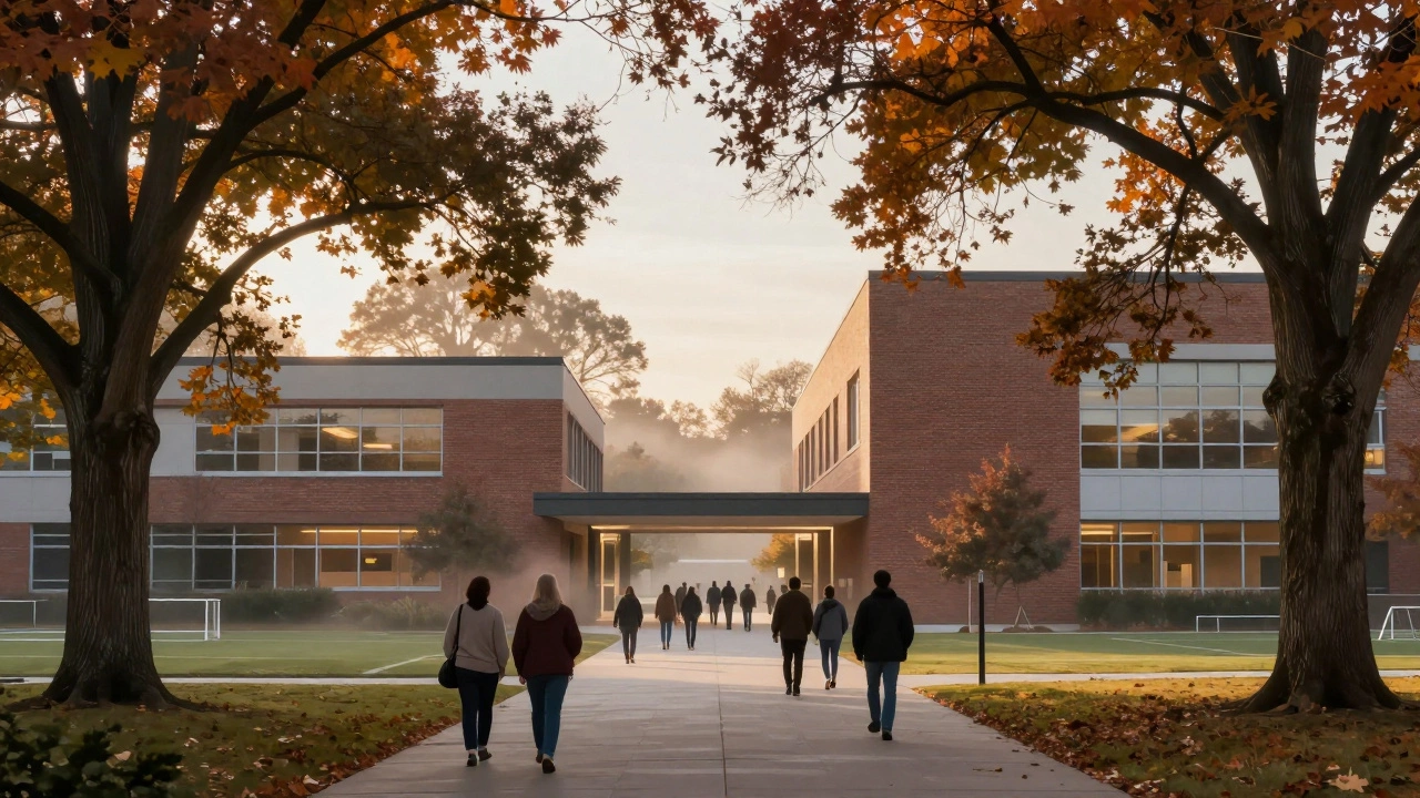 Modern school building with students arriving in morning light
