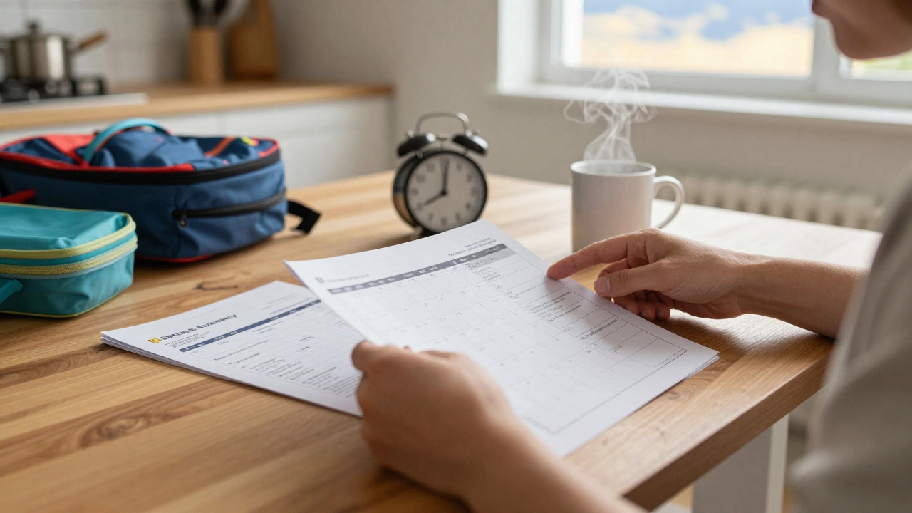 Parent reviewing school schedule at kitchen table