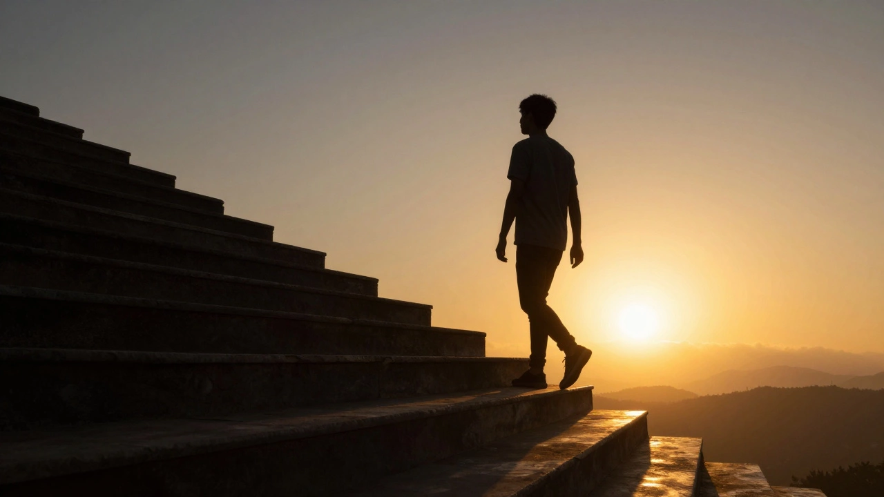 Silhouette walking up glowing stairs toward sunrise.