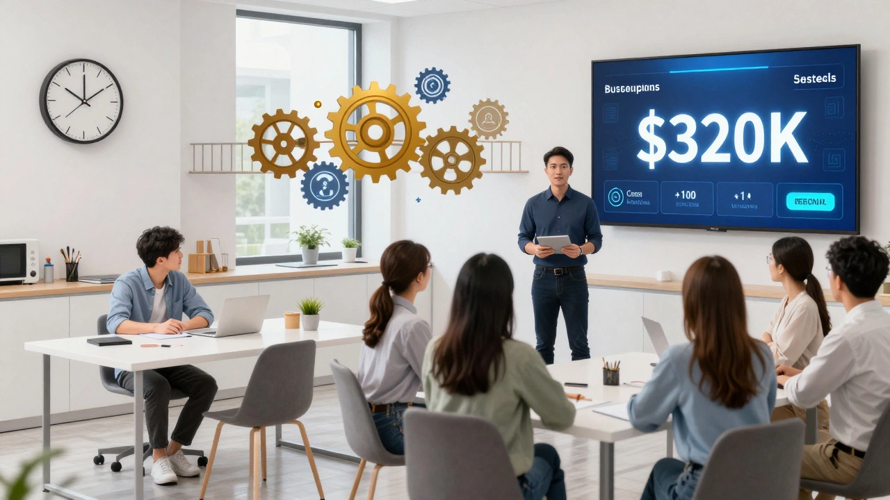 Split scene showing a tutor evolving from one-on-one teaching to leading a team with revenue dashboard.