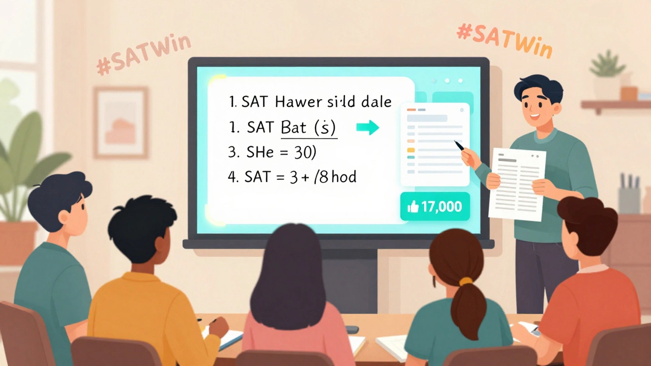 Students watching a tutor’s SAT tip video on a screen, with likes and a parent smiling in the background.