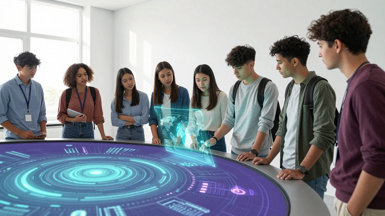 Students working around a holographic data display screen