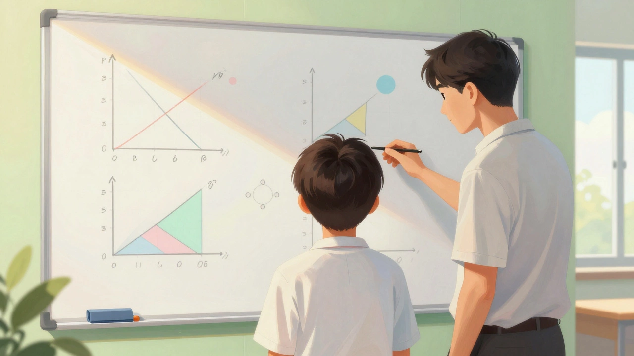 Tutor helping student at whiteboard in sunny classroom.