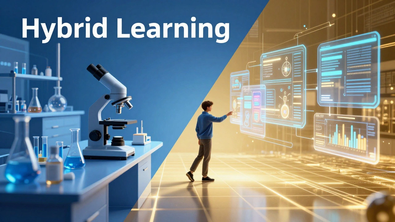 A conceptual 3D image showing a blend of a physical science lab and a digital holographic classroom.