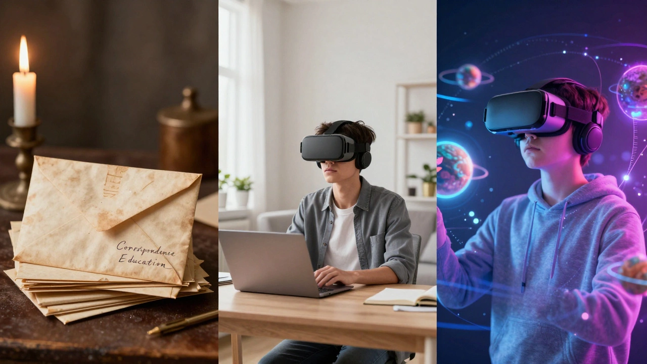 A sequence showing the evolution of learning from old mail letters to laptops and VR headsets.