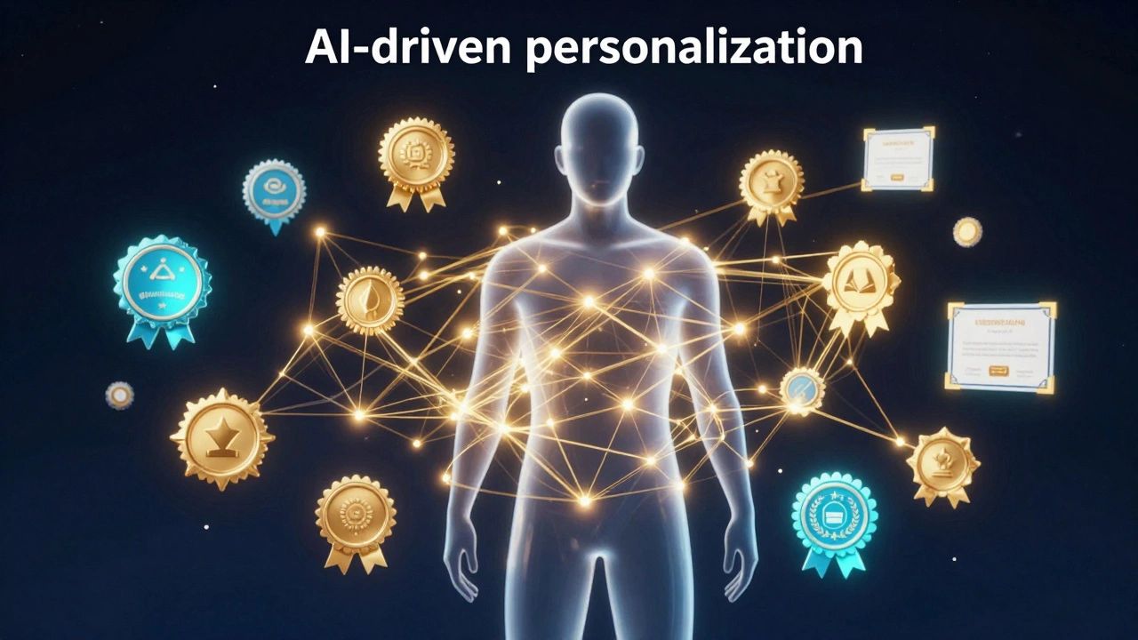 A silhouette surrounded by glowing digital skill badges and AI neural networks.