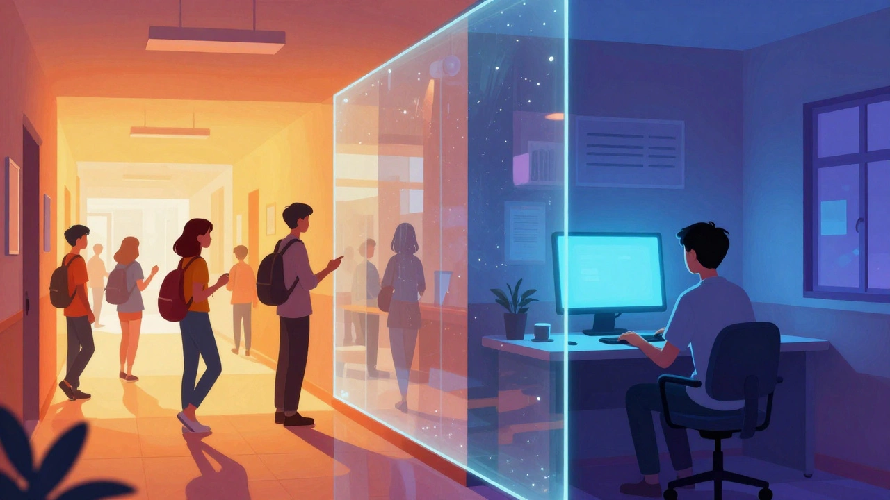 A split image showing a busy campus versus a lonely remote student