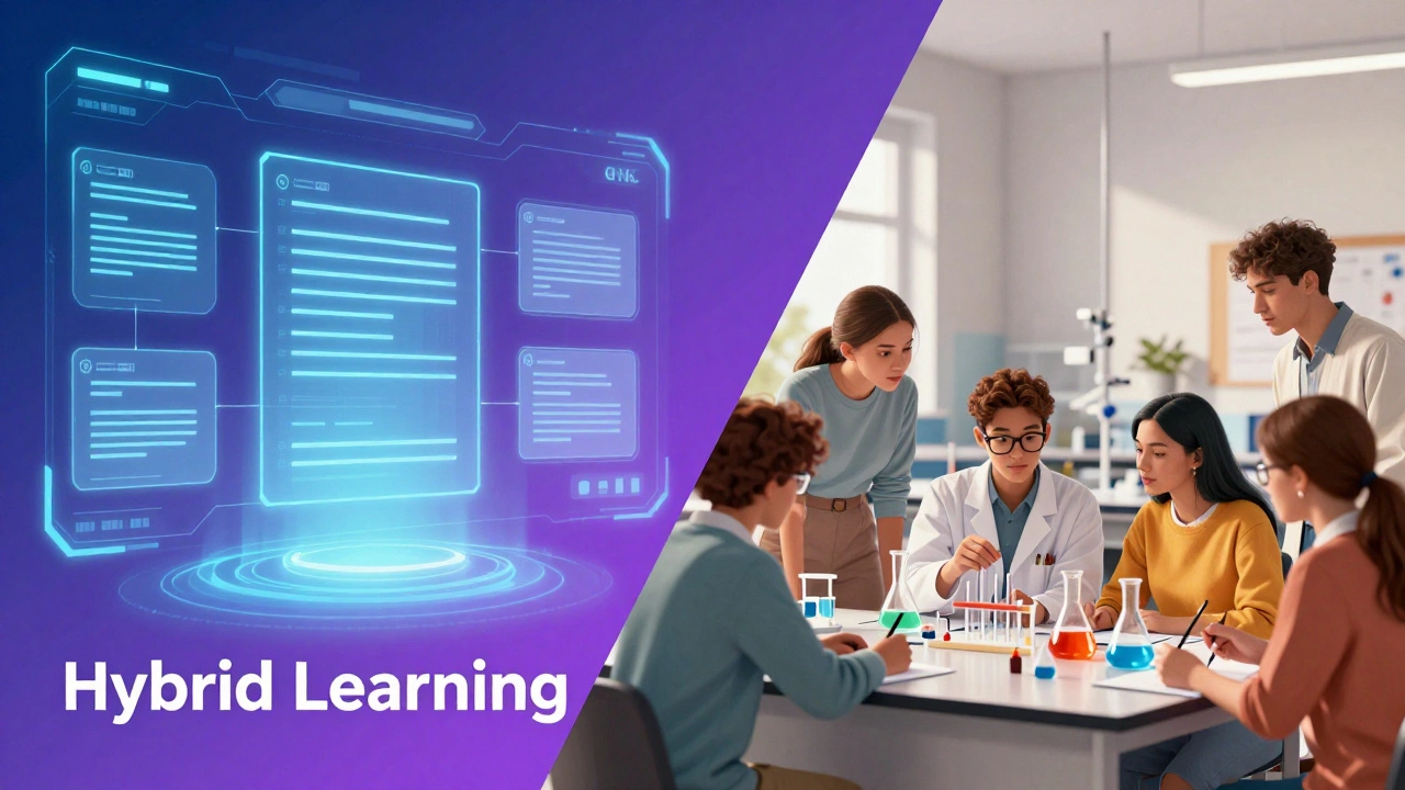 A split screen showing a digital classroom and a physical science lab.