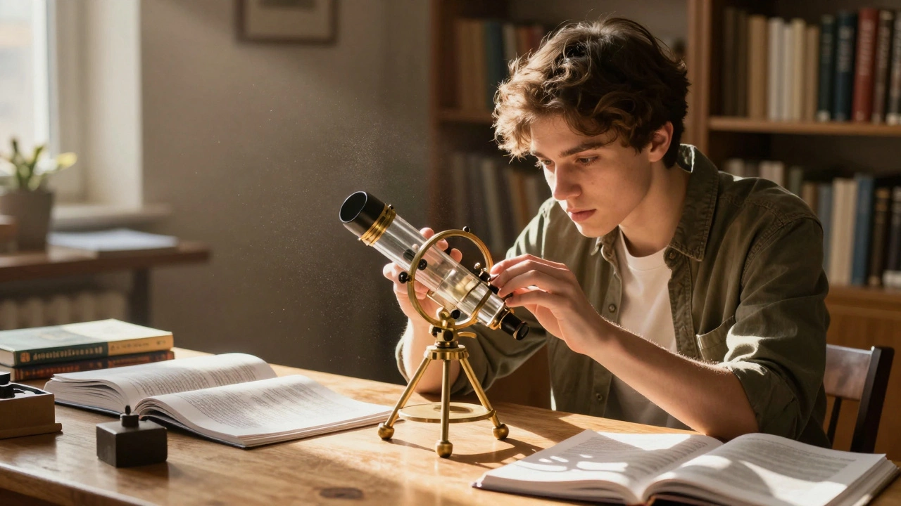 A student building a handmade telescope surrounded by research papers in a sunlit room