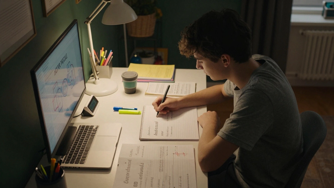 A student studying intently at a desk with a lamp and notebooks in a home office