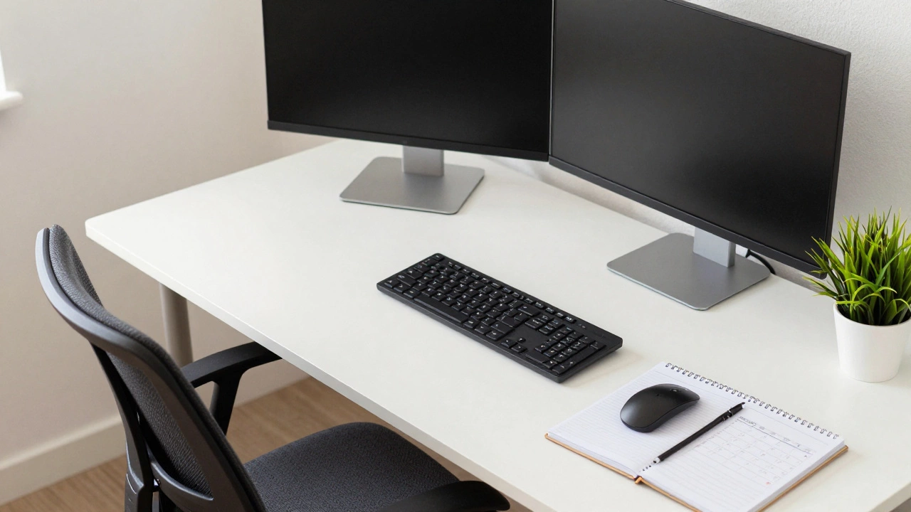 A well-organized home office setup with a laptop and a planner