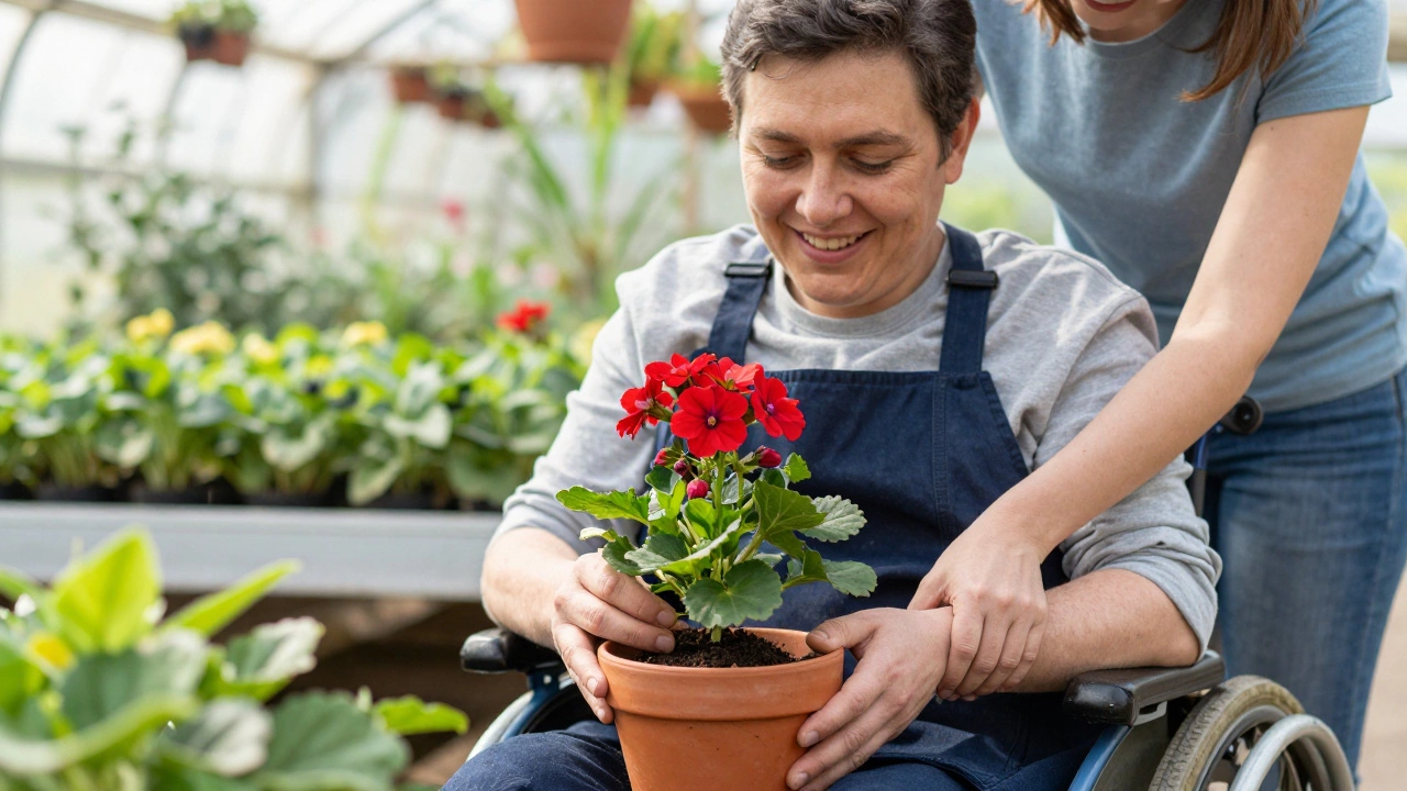 An adult happily planting flowers in a supported gardening workshop.