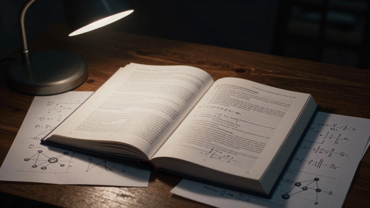 Close-up of advanced physics notes and a textbook under a bright desk lamp