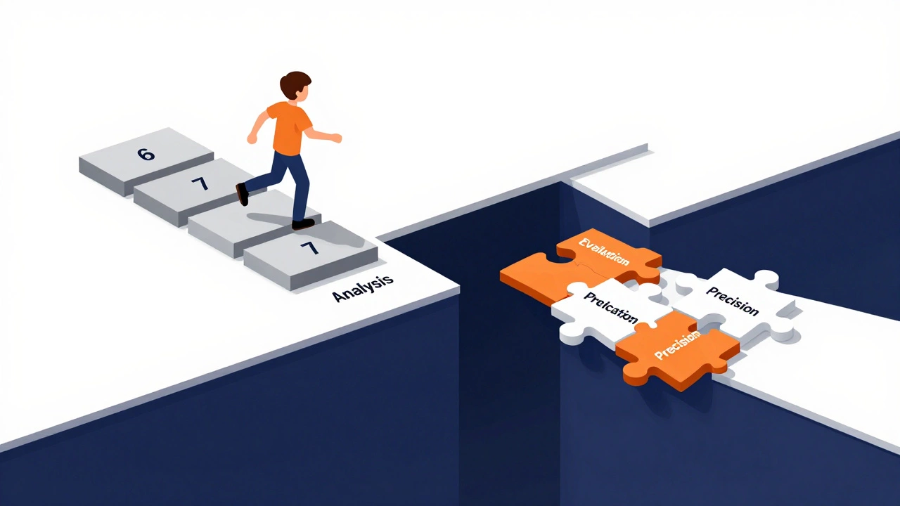 Conceptual 3D art of a student bridging the gap between grade 7 and 8 with strategy puzzle pieces