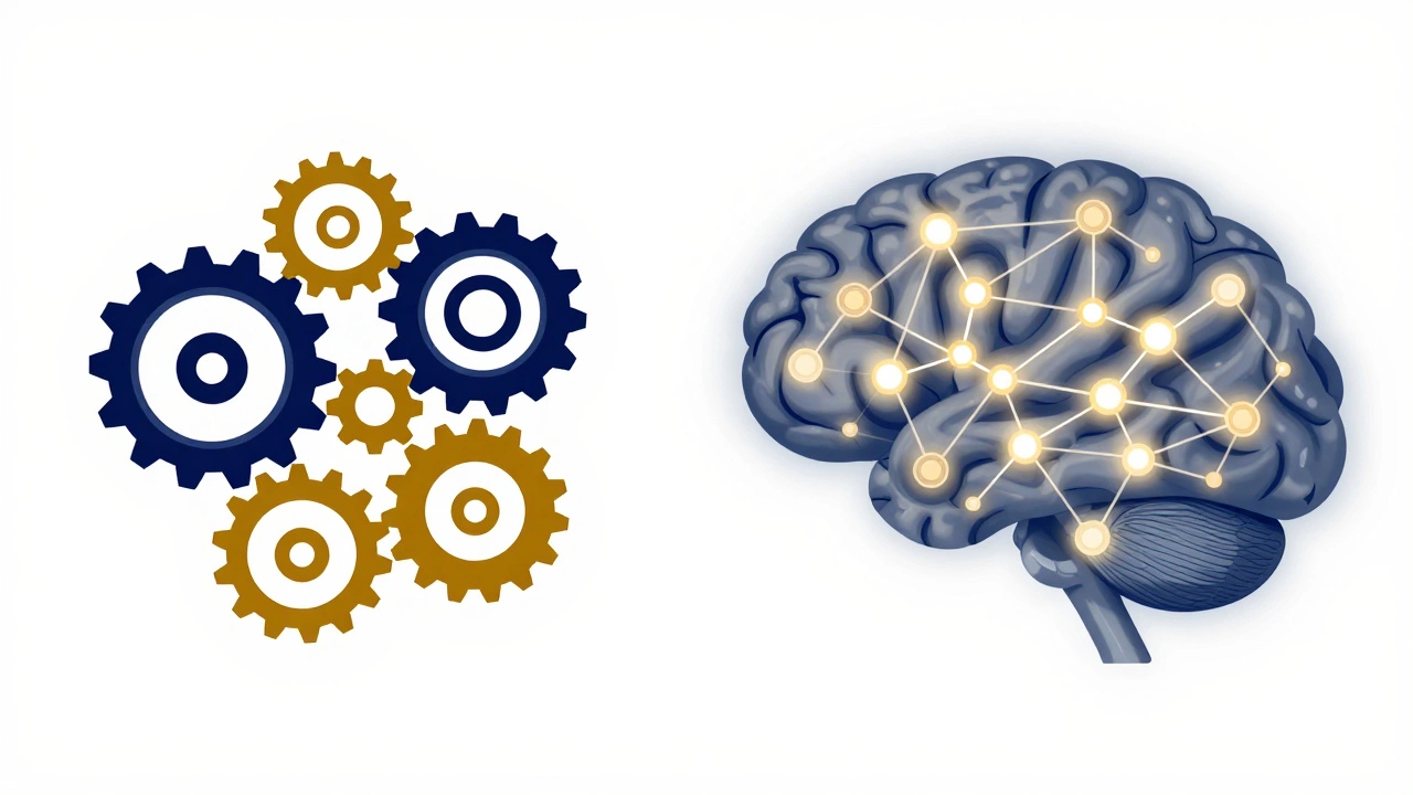 Conceptual art comparing a single gear glitch to a global cognitive network.