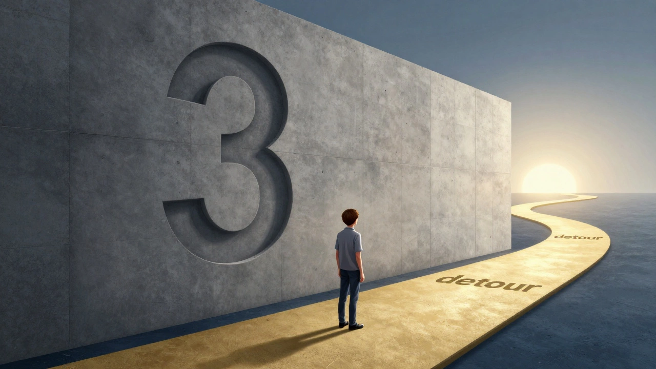 Conceptual art of a student finding a detour path around a large wall with the number 3.