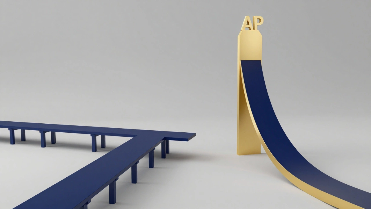 Conceptual paths showing a wide foundation bridge and a steep climb toward a peak