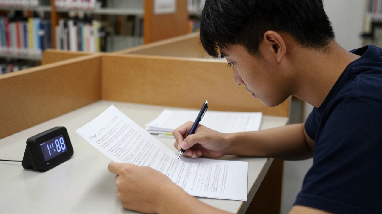 Focused student completing a timed practice exam paper in a quiet library