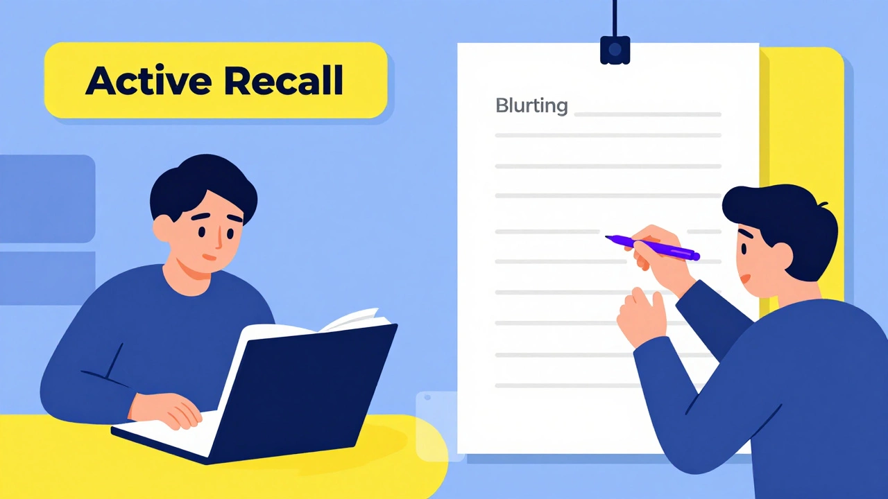 Student practicing the blurting technique by writing recall notes on a blank sheet