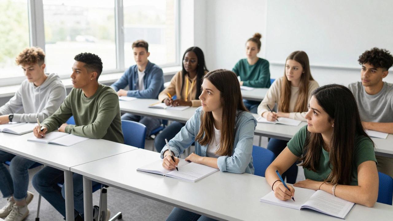 Students in a bright, modern college classroom focusing on their resit studies.