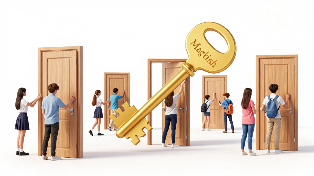Students interacting with giant golden keys and doors in a conceptual white space.