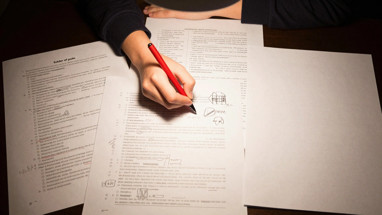 Top-down view of a study desk with past papers and active recall notes under a desk lamp