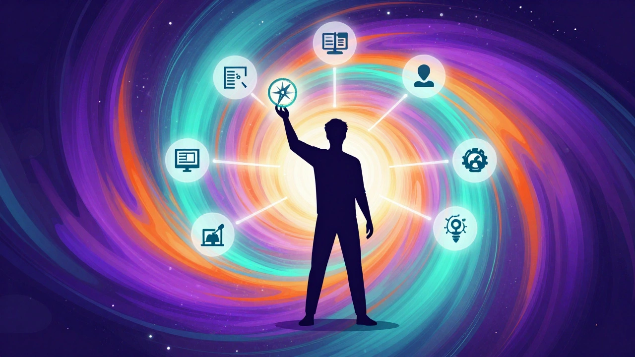 Abstract art showing a person navigating self-directed learning paths with a compass