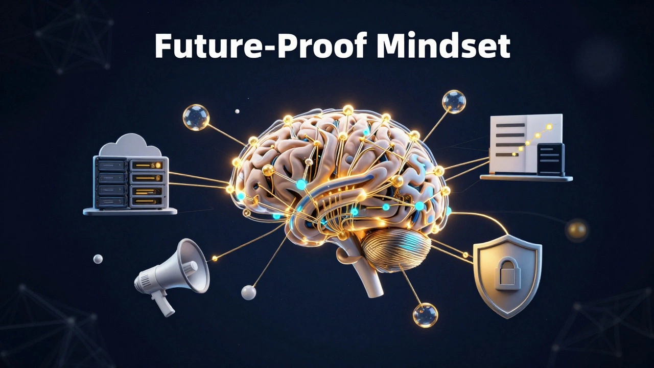 Abstract brain connecting tech skills like cloud and marketing