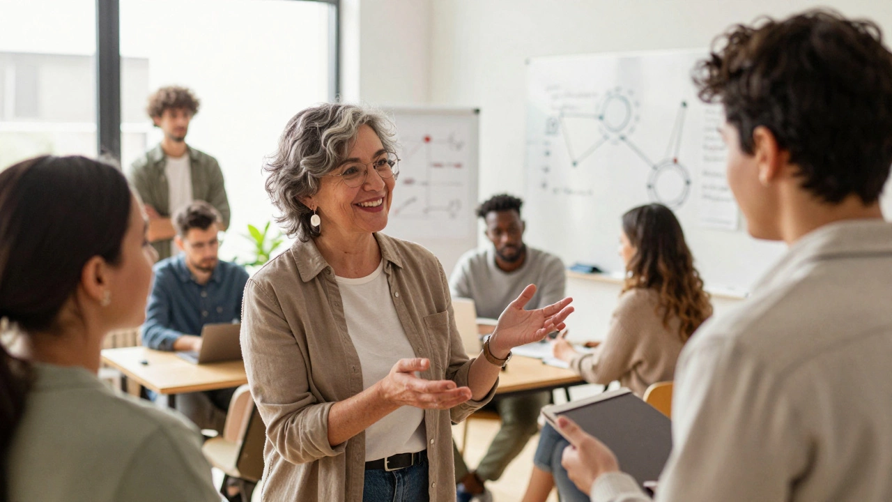 Diverse adults collaborating and learning together in a bright modern room
