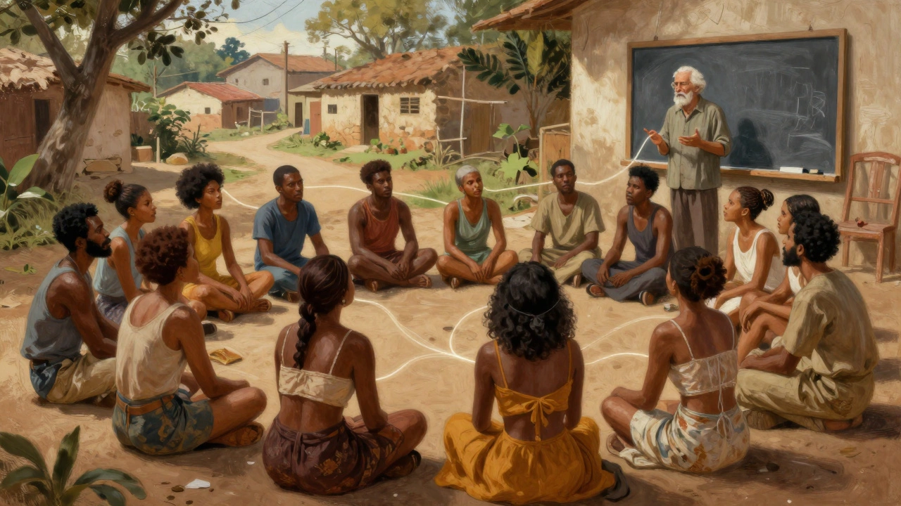 Diverse adults discussing in a circle, symbolizing Freire's dialogue-based education.