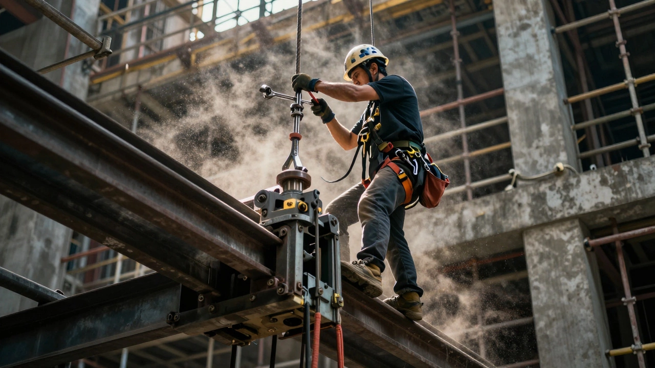 Elevator installer working on machinery high up in a construction shaft