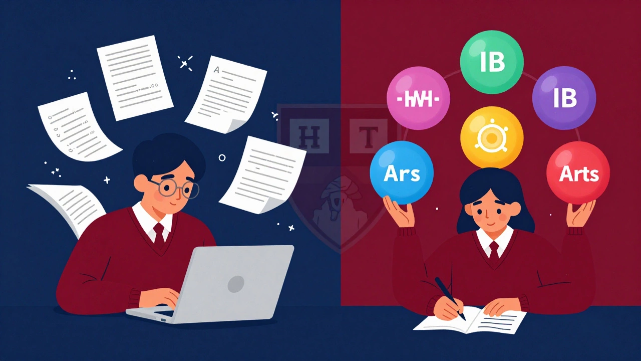 Illustration comparing A-Level specialization versus IB versatility for Harvard