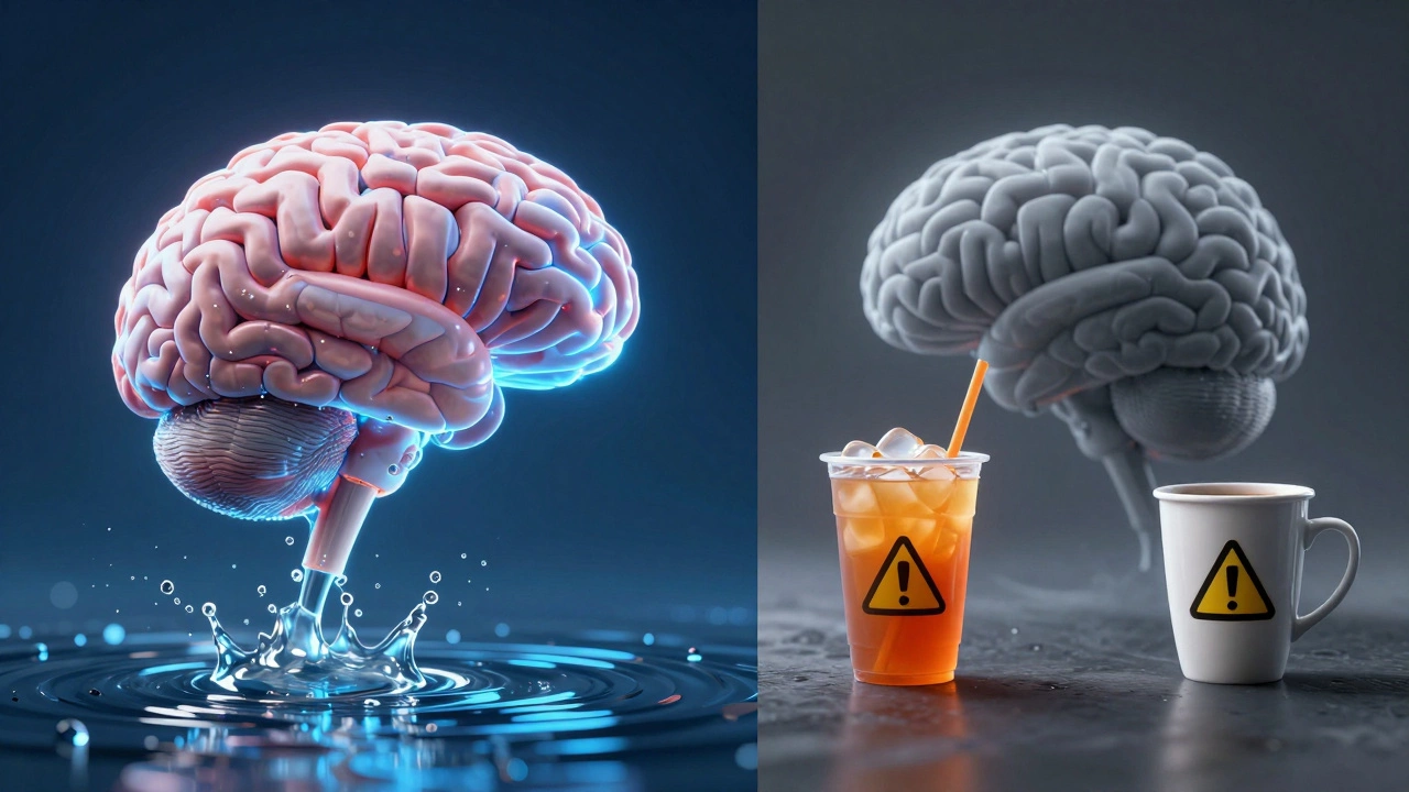 Illustration contrasting hydrated brain with dehydrated brain effects