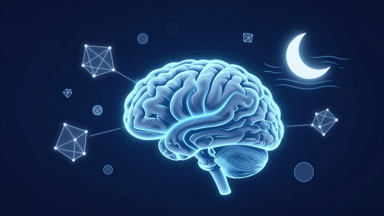 Illustration of a brain consolidating memories during sleep