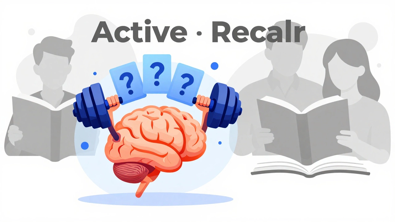 Illustration of a brain lifting flashcard weights representing active recall study methods