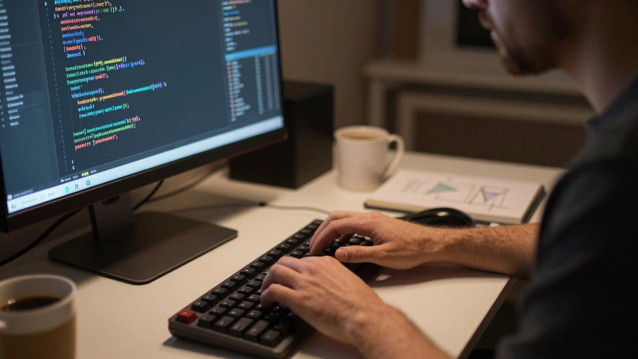 Person coding and analyzing data dashboards in a modern office