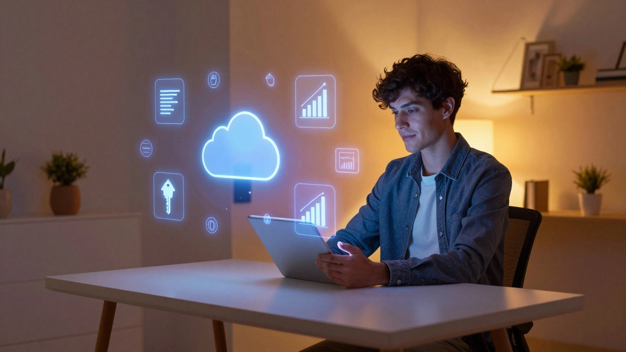 Person in home office surrounded by glowing icons of tech and business skills
