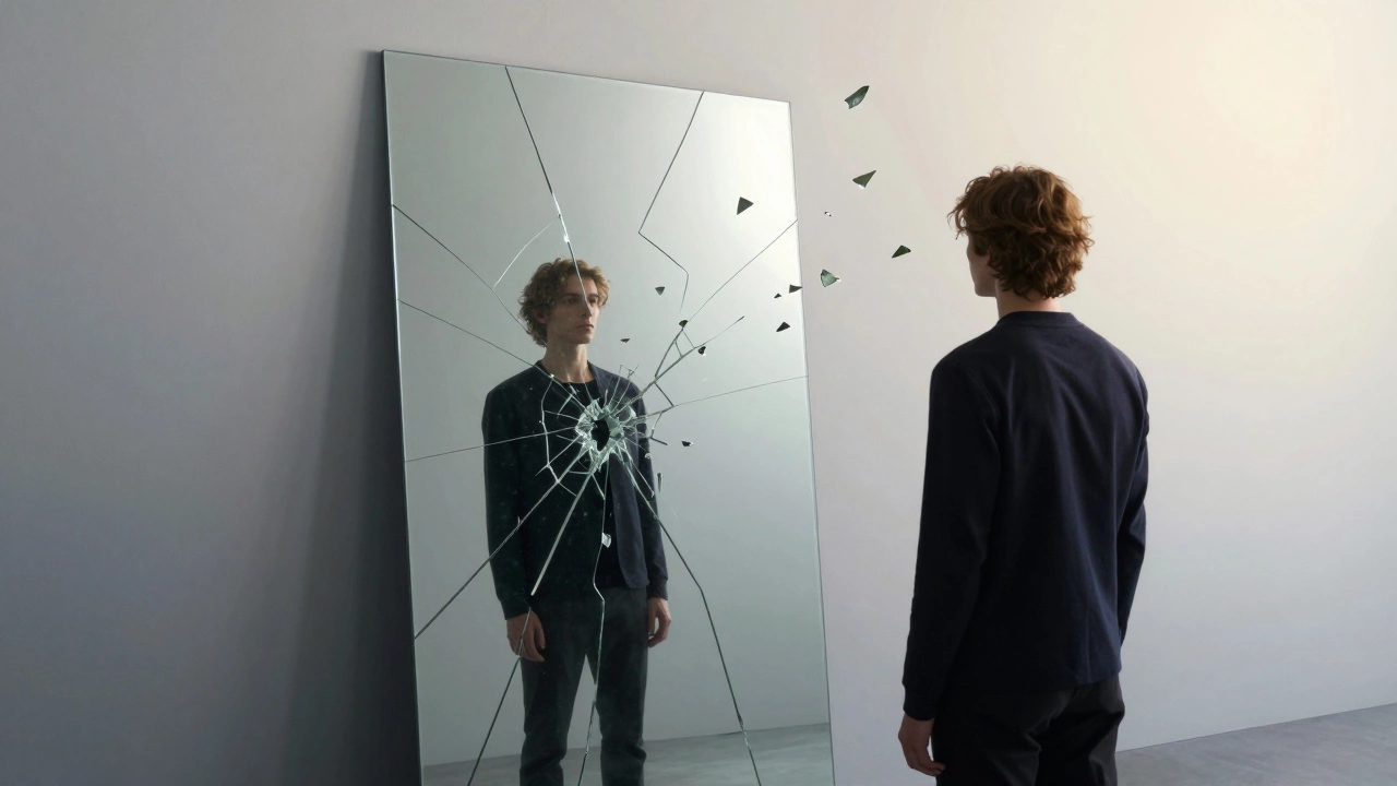 Person reflecting in a cracked mirror symbolizing transformative perspective shift