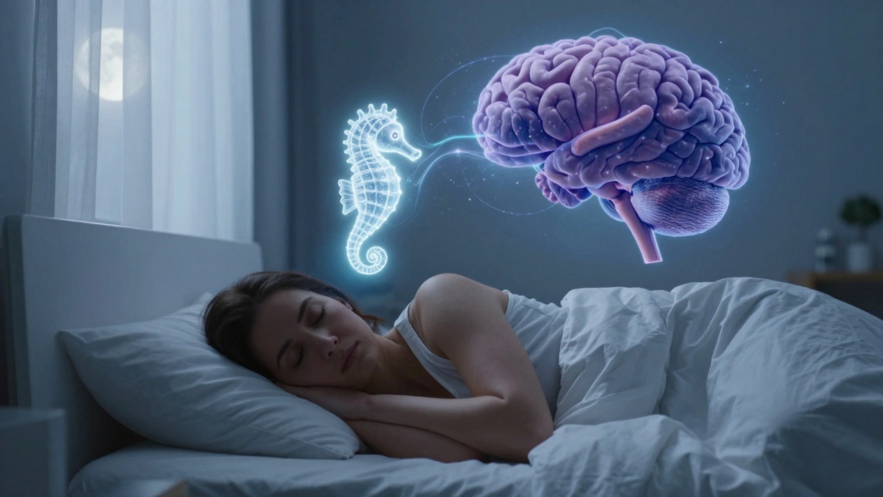 Person sleeping while magical light transfers data from brain structures