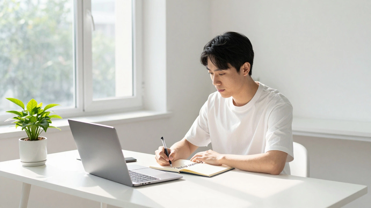 Relaxed adult doing focused micro-learning in a sunlit home office